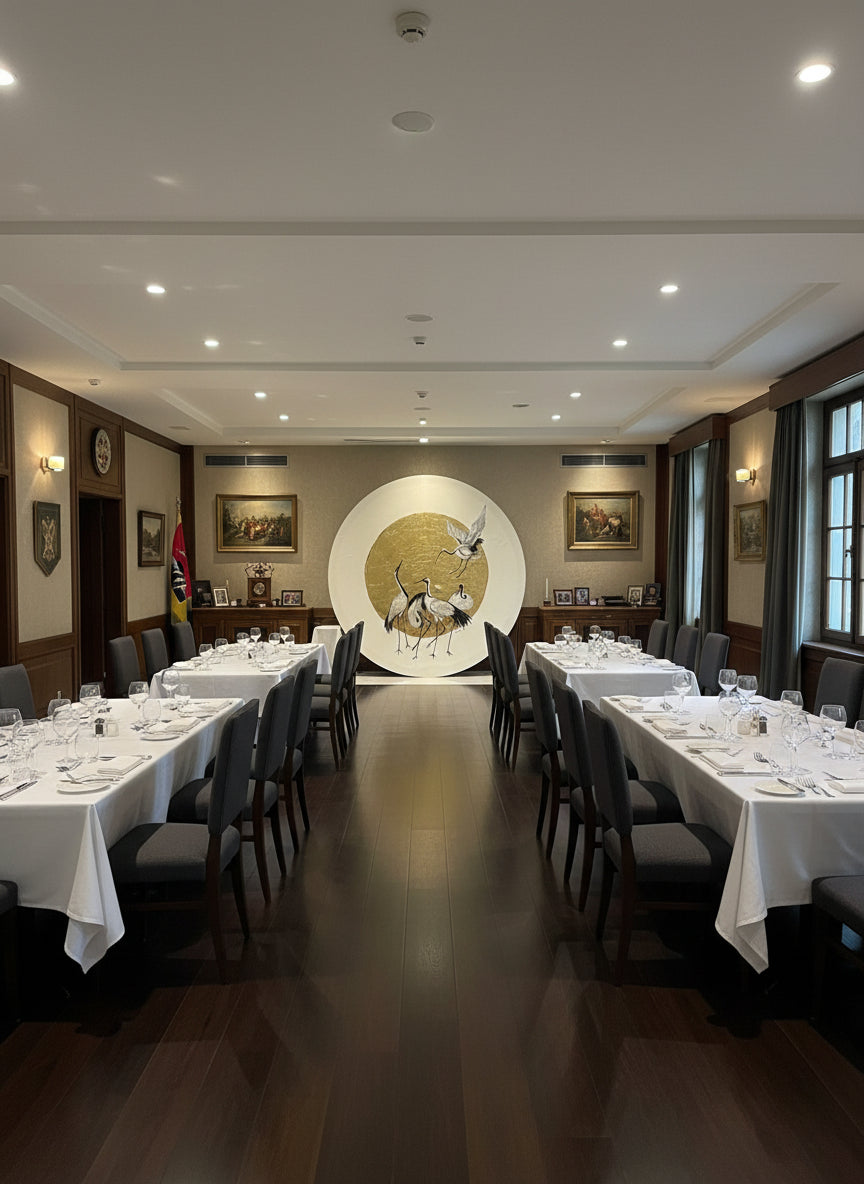 Decorative wall piece with cranes on a gold background